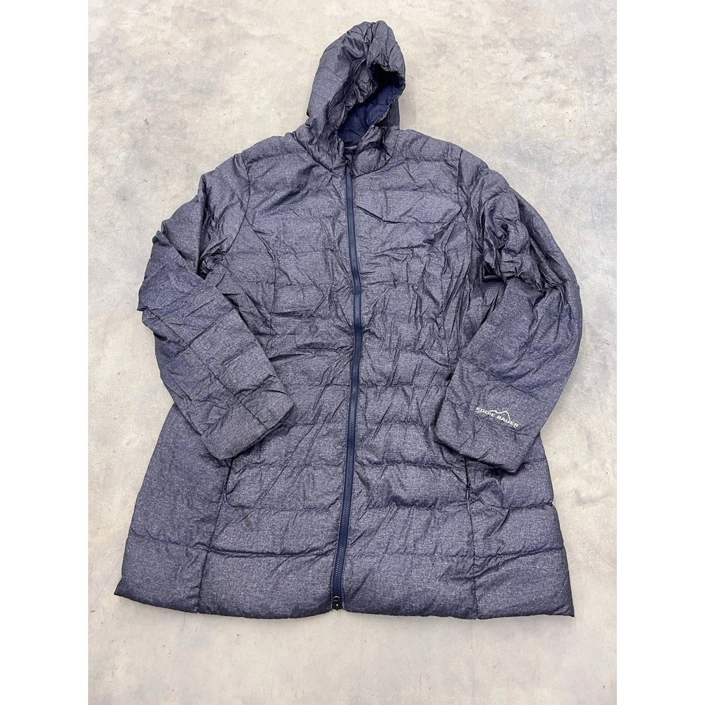 Eddie Bauer EB650 Down Puffer Jacket Womens XL Blue Hiking Hooded Full Zip